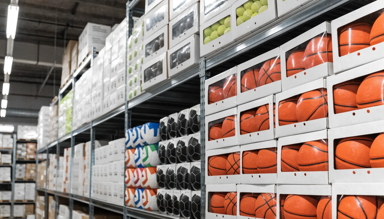 Magazzino attrezzature sportive con palloni ordinati